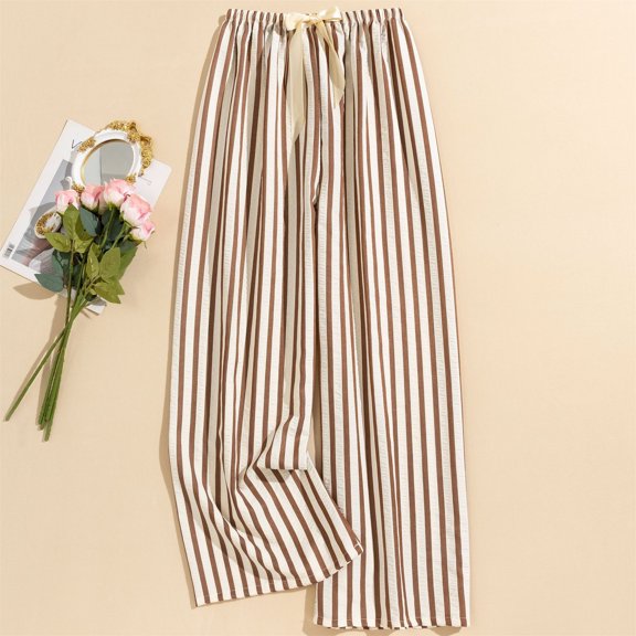 Womens Striped Casual Straight Leg Pant Summer Elastic Waist Baggy Lounge Trousers Trendy Color Block Beach Outfits Khaki Free