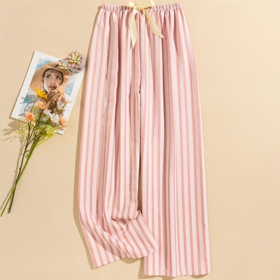 Womens Striped Casual Straight Leg Pant Summer Elastic Waist Baggy Lounge Trousers Trendy Color Block Beach Outfits Pink Free