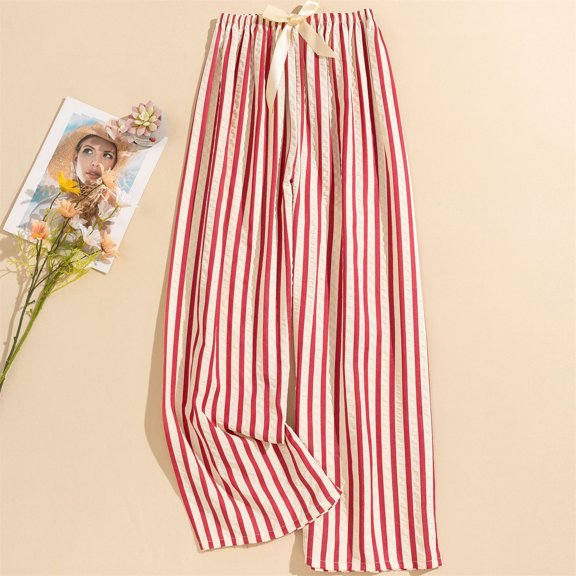 Womens Striped Casual Straight Leg Pant Summer Elastic Waist Baggy Lounge Trousers Trendy Color Block Beach Outfits Red Free