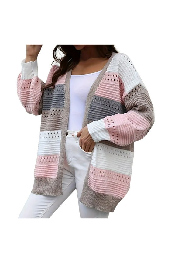 Womens Striped Chunky Cardigan 2025 Fall Trendy Color Block Long Sleeve Sweaters Elegant Trendy Loose Fit Outwear