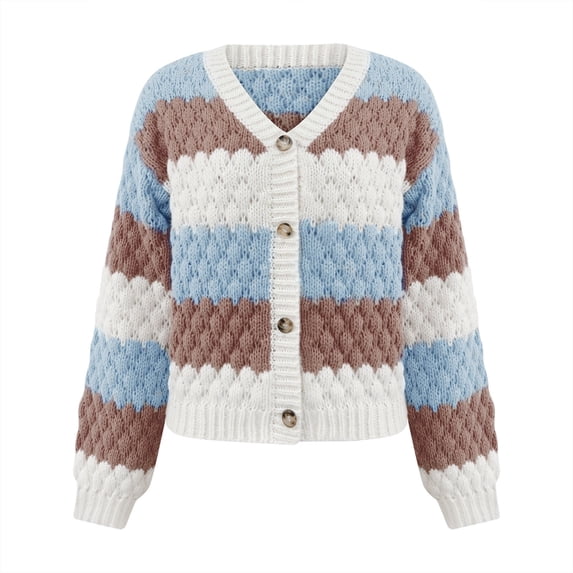 Womens Striped Chunky Cardigan Sweaters Button Up Color Block Long Sleeve Knit Sweater Fall Trendy Clothes Blue, S