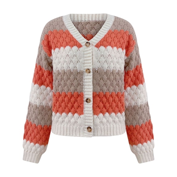 Womens Striped Chunky Cardigan Sweaters Button Up Color Block Long Sleeve Knit Sweater Fall Trendy Clothes Khaki, M