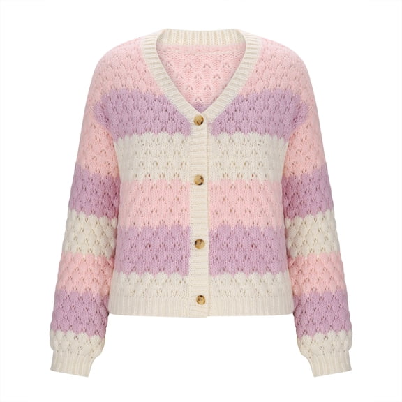 Womens Striped Chunky Cardigan Sweaters Button Up Color Block Long Sleeve Knit Sweater Fall Trendy Clothes Pink, L