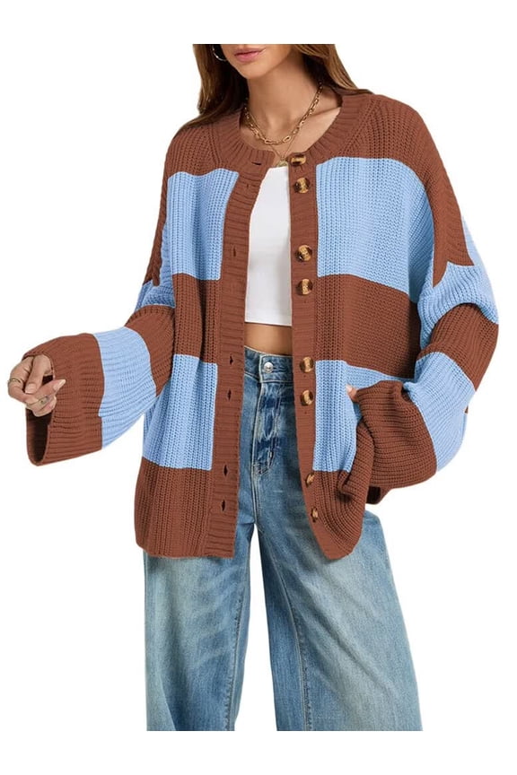 Womens Striped Chunky Cardigan Sweaters Button Up Fall Color Block Long Sleeve Knit Sweater Coats Rust Red XL