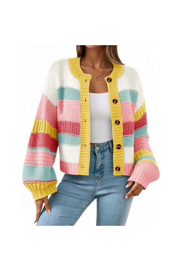 Womens Striped Chunky Cardigan Sweaters Fall Trendy Color Block Long Sleeve Knit Sweater Tops