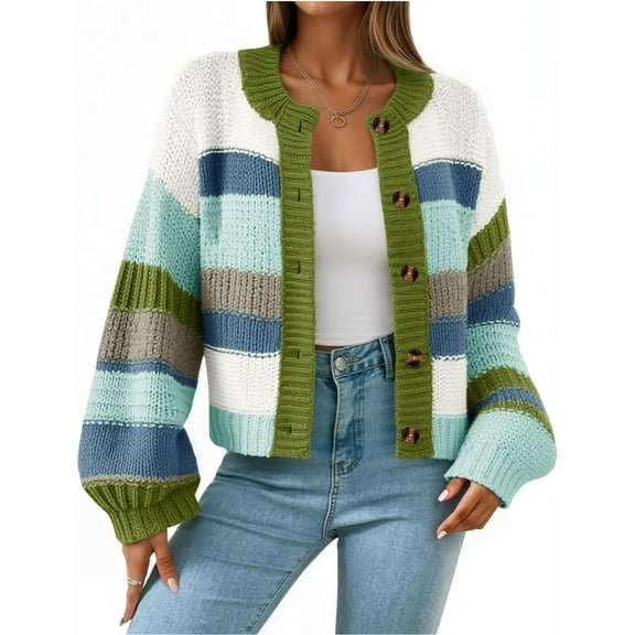 Womens Striped Chunky Cardigan Sweaters Fall Trendy Color Block Long Sleeve Knit Sweater Tops