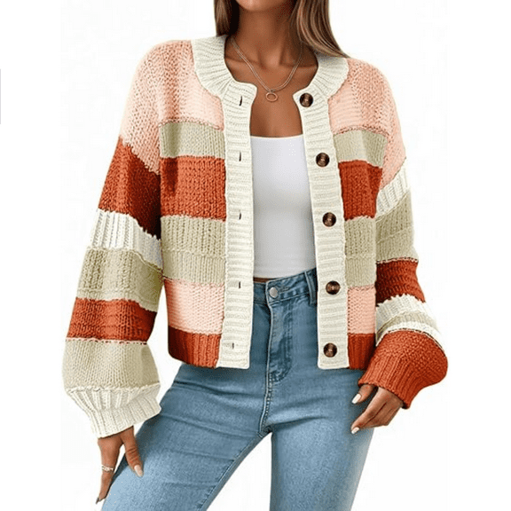 Womens Striped Chunky Cardigan Sweaters Fall Trendy Color Block Long Sleeve Knit Sweater Tops