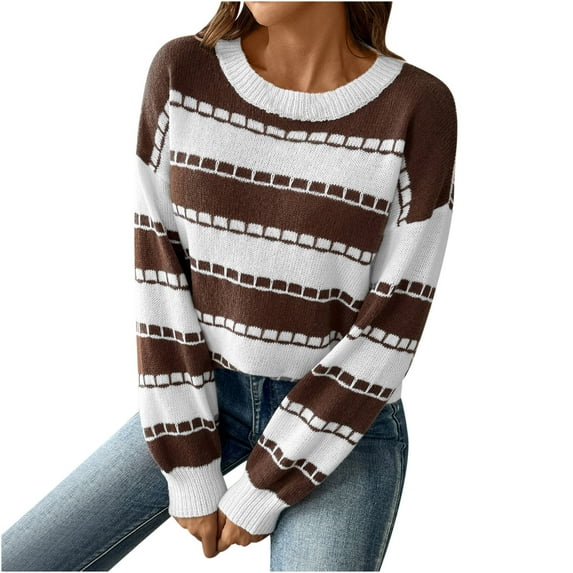 Womens Striped Color Block Sweaters Knit Long Sleeve Round Neck Casual Loose Fall Soft Fitting Pullover Tops,Coffee,XL