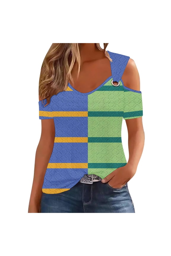 Womens Striped Color Block Tee Shirts One-Shoulder Hollow-Out Tunic Tops Summer Flowy Blouses 2025 Trendy Clothes