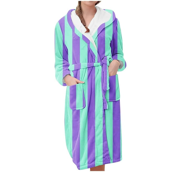 Womens Striped Colorblock Plush Hooded Robe Fleece Cozy Warm Bathrobe Soft Long House Coat Loungewear with Pockets