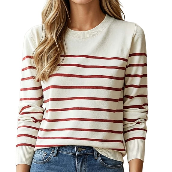 Womens Striped Crew Neck Pullover Sweater Lined Long Sleeve Tunic Top Beige L