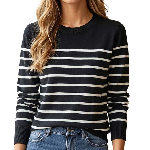 Womens Striped Crew Neck Pullover Sweater Lined Long Sleeve Tunic Top Black L