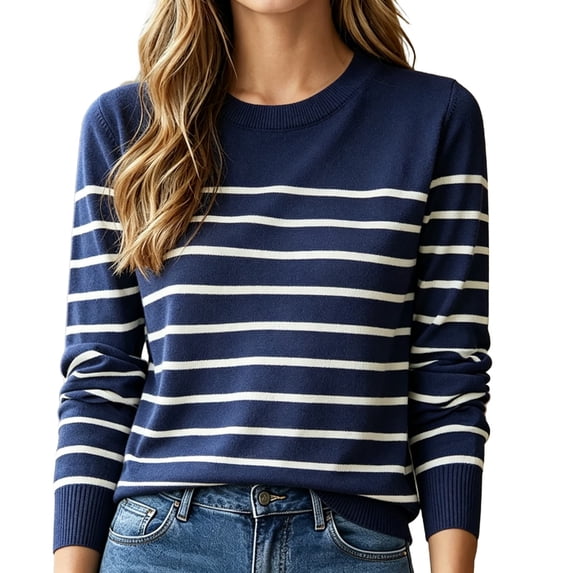 Womens Striped Crew Neck Pullover Sweater Lined Long Sleeve Tunic Top Blue L