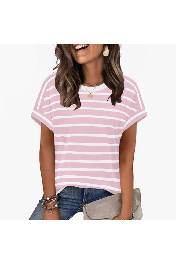 Womens Striped Crew Neck Short Sleeve Top Loose Fit Soft Stretchy Breathable Casual T-Shirt Pink,Size 2XL