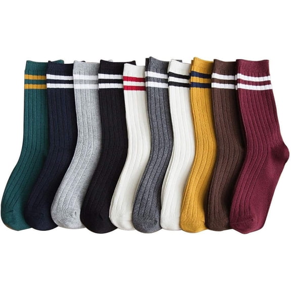 Womens Striped Crew Socks with Striped Pattern Athletic Crew Socks Causal Ankle Socks Colorful Cotton Crew Athletic Socks for Women&Girls US Size 5-11 (10 Pairs/Multicolour)