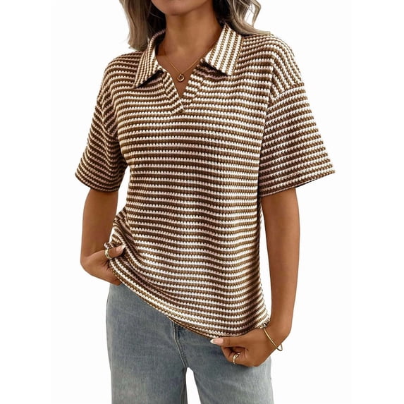 Womens Striped Cropped Tops Short Sleeve Knit Lapel Neck Summer Casual Pullover Coffee With Milk S