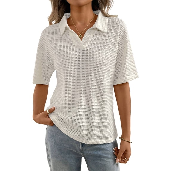 Womens Striped Cropped Tops Short Sleeve Knit Lapel Neck Summer Casual Pullover Color M