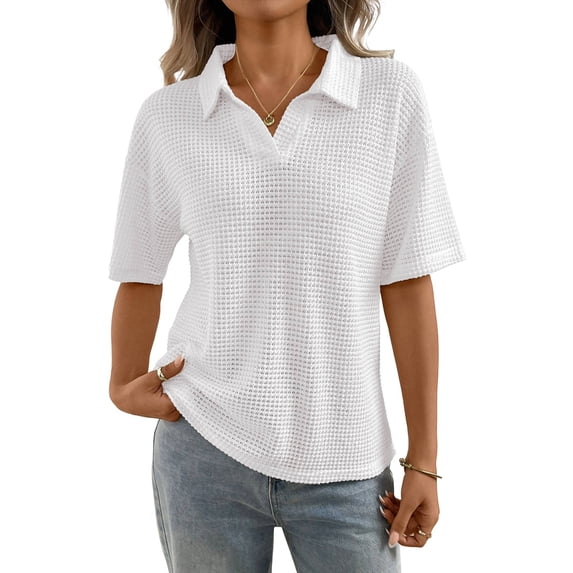 Womens Striped Cropped Tops Short Sleeve Knit Lapel Neck Summer Casual Pullover White S