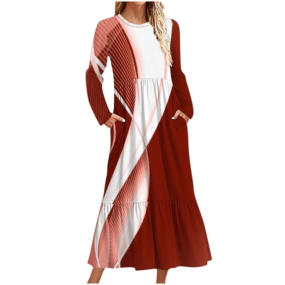 Womens Striped Dresses Casual Long Sleeve Crew Neck Loose Fit Ruffle Hem Flowy Long Dress With Pockets