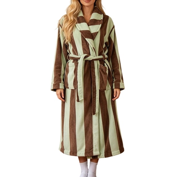 Womens Striped Fluffy Robe Long Plush Bathrobes Fuzzy Warm Cozy Thick Loungewear Maxi Robe Coffee Free Size