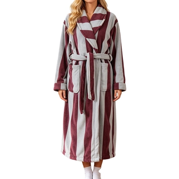 Womens Striped Fluffy Robe Long Plush Bathrobes Fuzzy Warm Cozy Thick Loungewear Maxi Robe Gray Free Size
