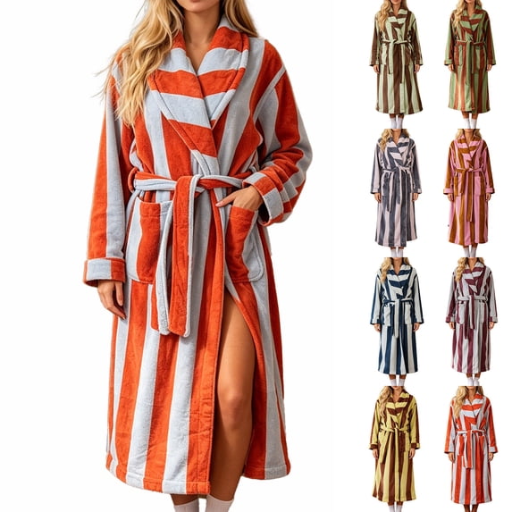 Womens Striped Fluffy Robe Long Plush Bathrobes Fuzzy Warm Cozy Thick Loungewear Maxi Robe Red Free Size