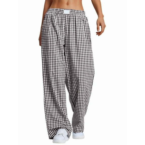 Womens Striped Gingham Pajama Lounge Boxer Pants Cute Comfy Bottoms with Pockets Fall Y2K Outfits Black L