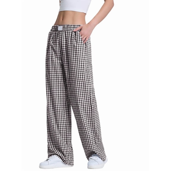 Womens Striped Gingham Pajama Lounge Boxer Pants Cute Comfy Bottoms with Pockets Fall Y2K Outfits Black M