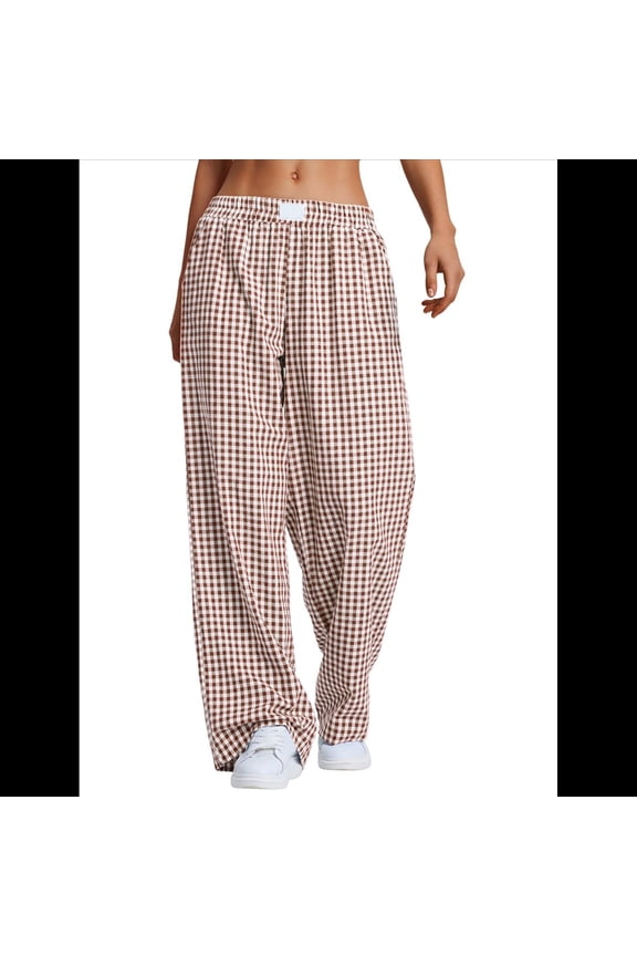 Womens Striped Gingham Pajama Lounge Boxer Pants Cute Comfy Bottoms with Pockets Fall Y2K Outfits Coffee S