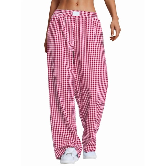 Womens Striped Gingham Pajama Lounge Boxer Pants Cute Comfy Bottoms with Pockets Fall Y2K Outfits Red M