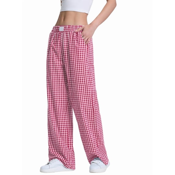 Womens Striped Gingham Pajama Lounge Boxer Pants Cute Comfy Bottoms with Pockets Fall Y2K Outfits Red XXL