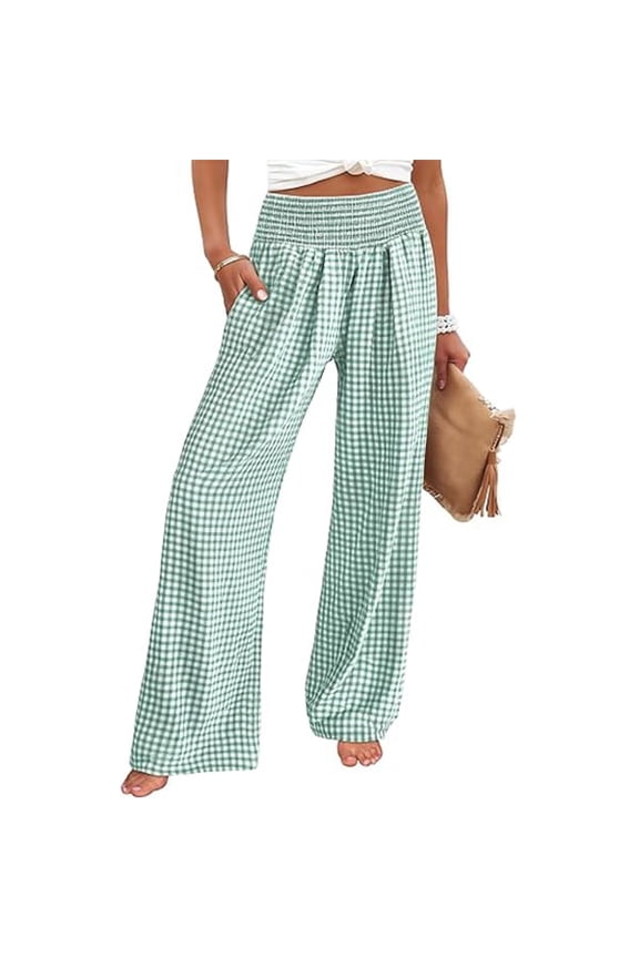 Womens Striped Gingham Palazzo Pants - High Waisted Wide Leg Trousers with Pockets - Casual Plaid Cropped Pants for Women - Lightweight Flowy Trousers for Summer 2026