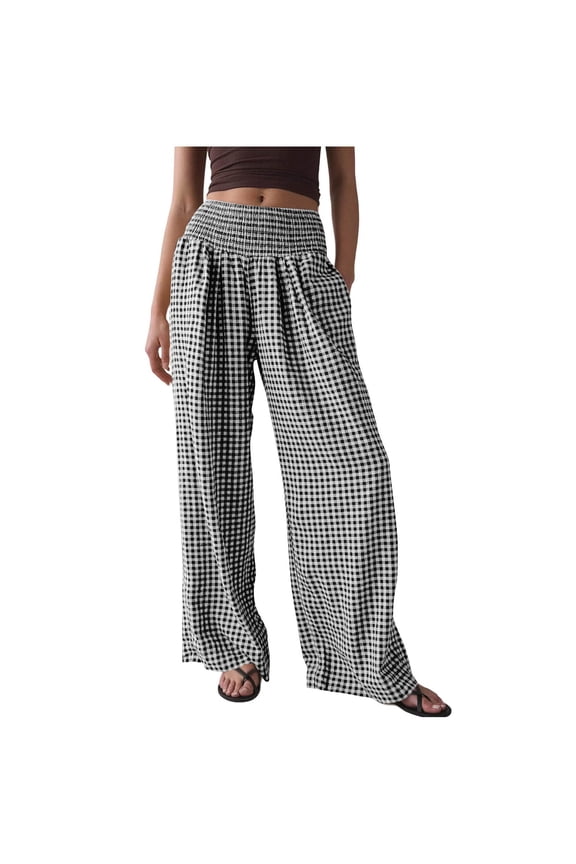 Womens Striped Gingham Palazzo Pants Wide Leg High Waisted Lounge Pajama Pants Cute Pull On Plaid Trousers with Pockets