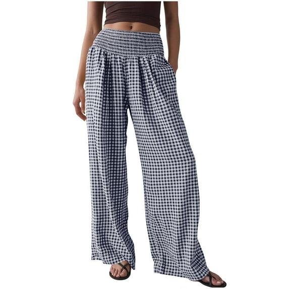 Womens Striped Gingham Palazzo Pants Wide Leg High Waisted Lounge Pajama Pants Cute Pull On Plaid Trousers with Pockets