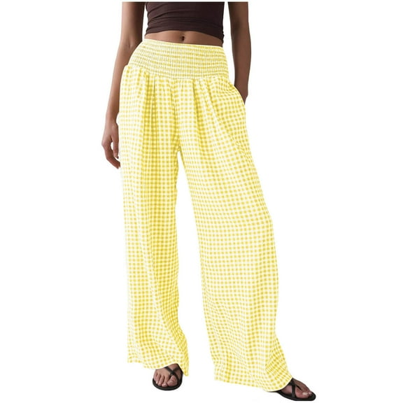 Womens Striped Gingham Palazzo Pants Wide Leg High Waisted Lounge Pajama Pants Cute Pull On Plaid Trousers with Pockets