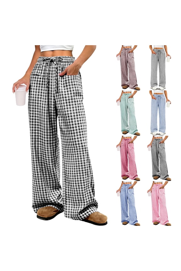 Womens Striped Gingham Pants 2026 Drawstring Wide Leg Lounge Plaid Pants Cute Casual Trousers with Pockets Black M