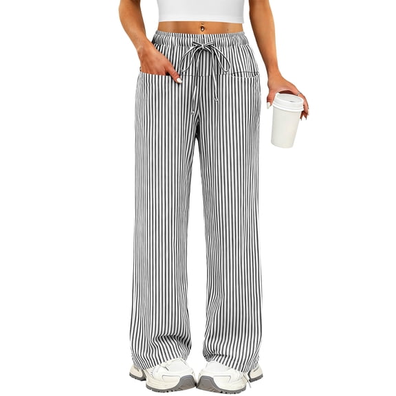 Womens Striped Gingham Pants Pajama Drawstring Wide Leg Lounge Plaid Pants Cute Casual Trousers with Pockets Gray 2XL