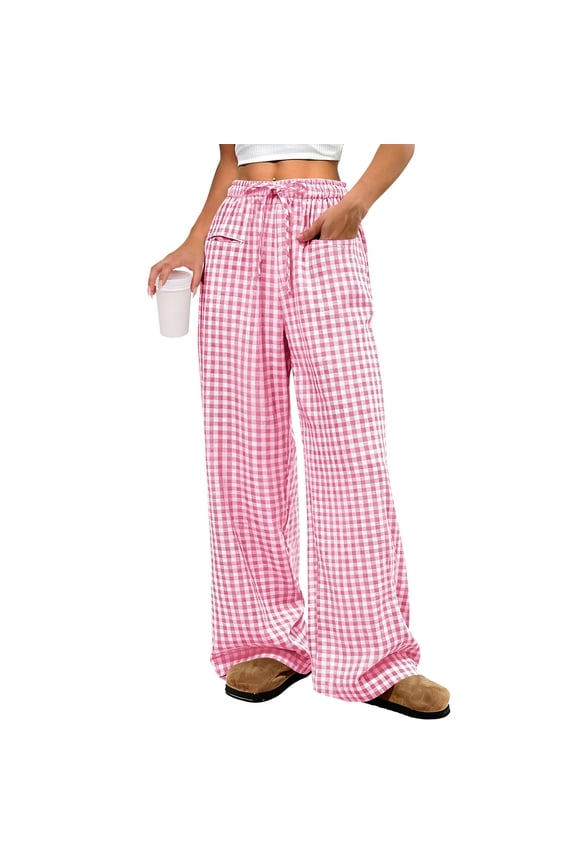 Womens Striped Gingham Pants Wide Leg High Waisted Lounge Plaid Pajama Pants Cute Casual Trousers with Pockets Pink M