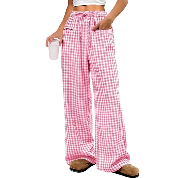 Womens Striped Gingham Pants Wide Leg High Waisted Lounge Plaid Pajama Pants Cute Casual Trousers with Pockets Pink XL