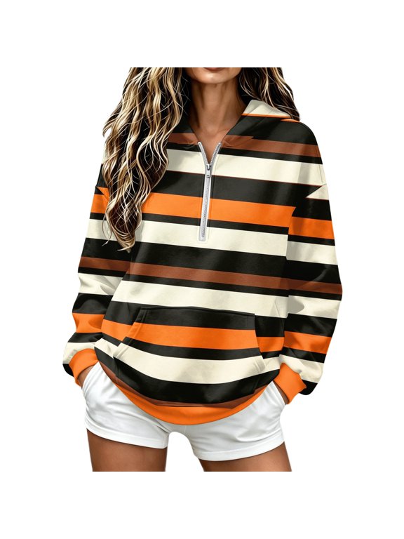 Womens Striped Half Zip Hooded Pullover Long Sleeve Loose Casual Fall Sweatshirt Everyday Going Out Tops,L