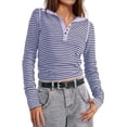 thumbnail image 1 of Womens Striped Henley Shirts Ribbed Long Sleeve Tops Going Out Slim Fit Top Fall Fashion Basic Tees Blue S, 1 of 7