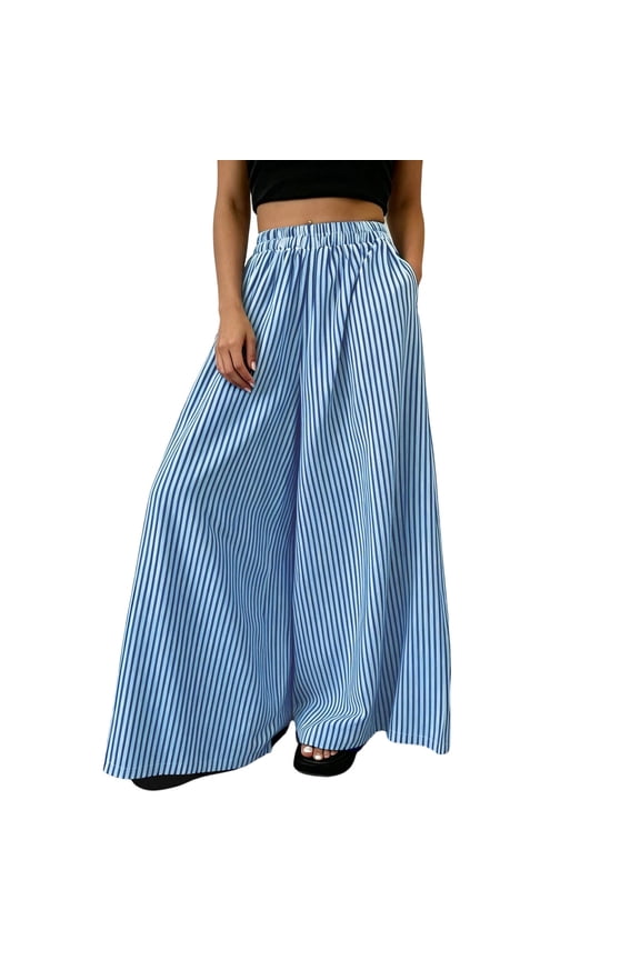 Womens Striped High Waisted Palazzo Pants Flowy Wide Leg Culottes Trousers Casual Summer Lightweight Pull On Beach Pants with Pockets,Sky Blue,XXL