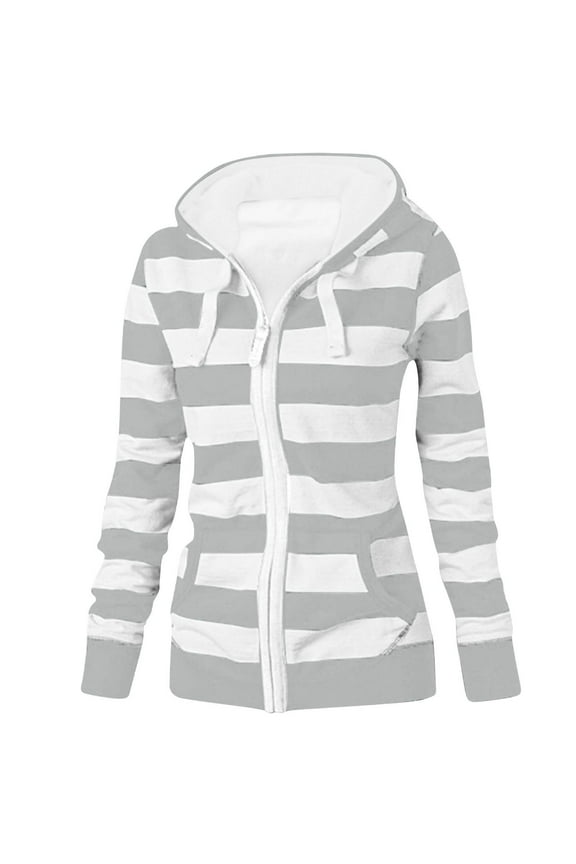 Womens Striped Hoodie Jacket Full Zip Up Hooded Sweatshirt Outerwear Drawcord Pocketed Fall Spring Casual Coat (S, Gray)
