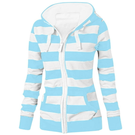 Womens Striped Hoodie Jacket Full Zip Up Hooded Sweatshirt Outerwear Drawstring Pocketed Fall Spring Casual Coat (2XL, Light Blue)