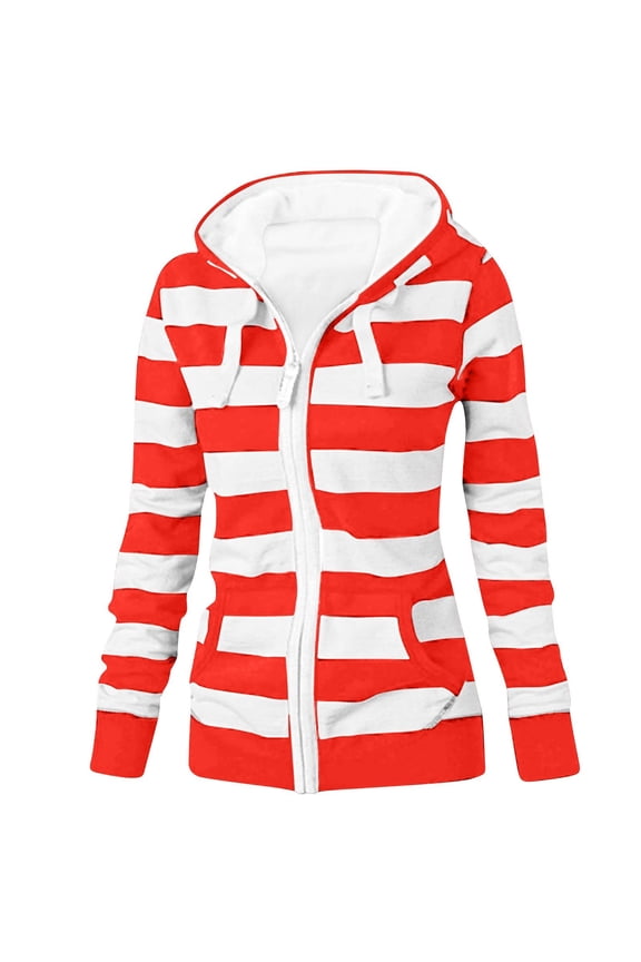Womens Striped Hoodie Jacket Full Zip Up Hooded Sweatshirt Outerwear Drawstring Pocketed Fall Spring Casual Coat (2XL, Red)