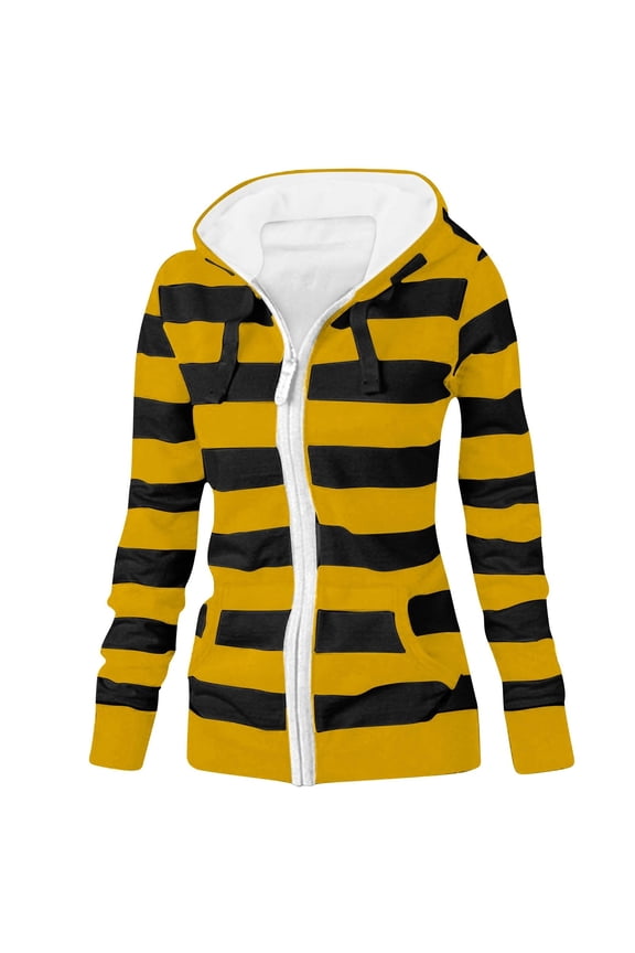 Womens Striped Hoodie Jacket Full Zip Up Hooded Sweatshirt Outerwear Drawstring Pocketed Fall Spring Casual Coat (L, Yellow)