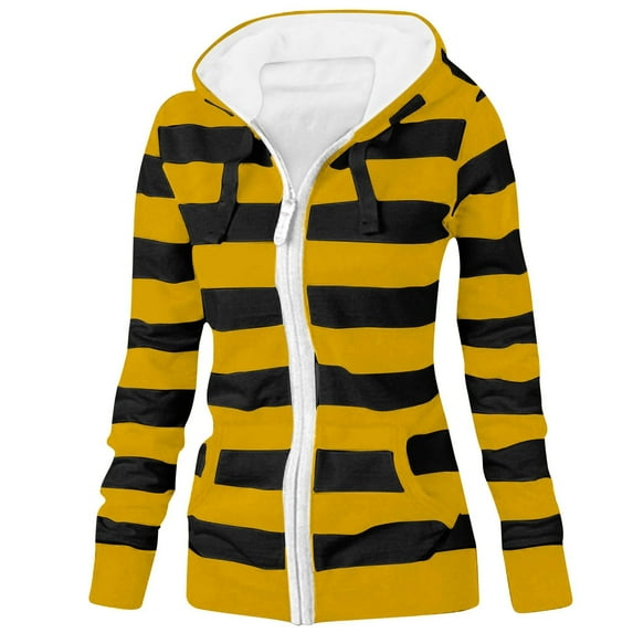 Womens Striped Hoodie Jacket Full Zip Up Hooded Sweatshirt Outerwear Drawstring Pocketed Fall Spring Casual Coat (XL, Yellow)