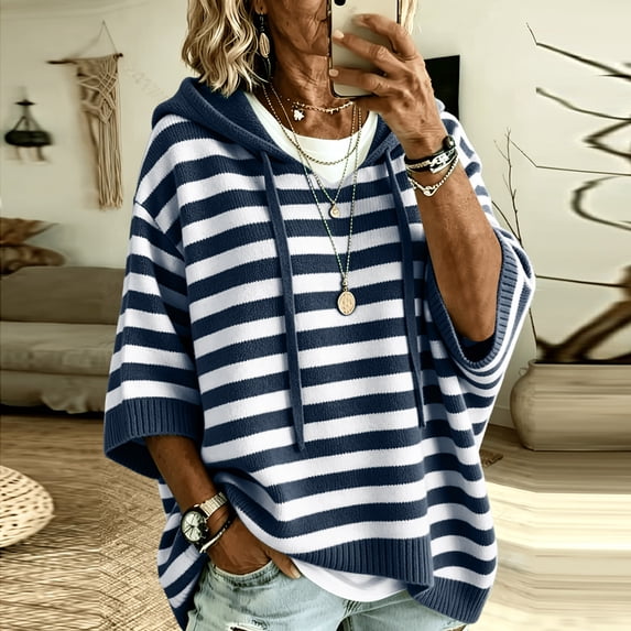 Womens Striped Hoodies Sweater Fall 3/4 Sleeve Striped Drawstring Casual Loose Pullover Top Y2K Clothes