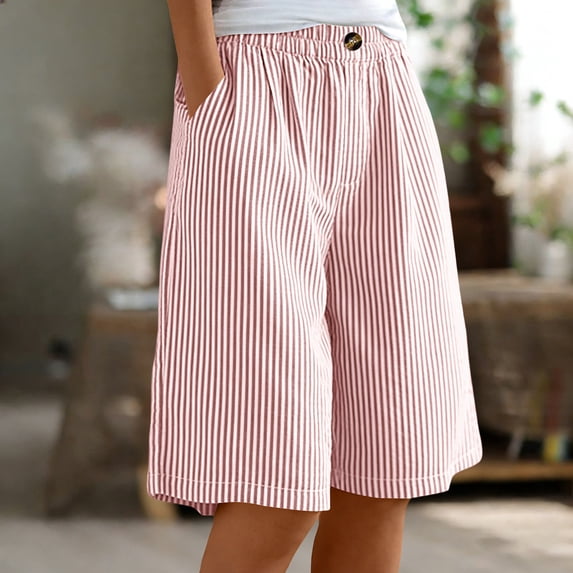 Womens Striped Knee Length Bermuda Shorts Baggy Pajama Lounge Shorts Resort PJ Bottoms Cute with Pockets Red XXL
