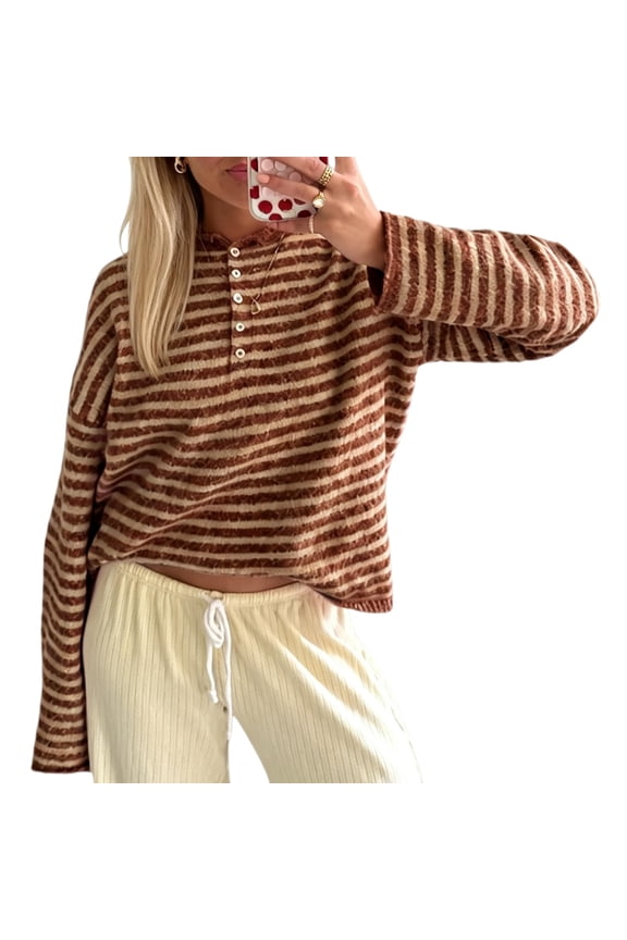 Womens Striped Knit Sweater Long Sleeve Half Button Pullover Top Oversized Casual Fall Knitwear